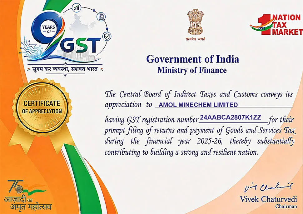 GST Certificate of Appreciation awarded to Amol Minechem Limited for FY 2024–25